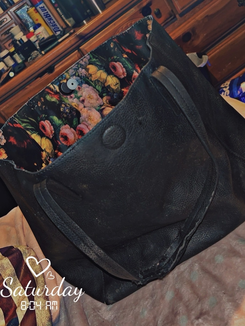 Black Leather Tote Bag with Floral Lining
